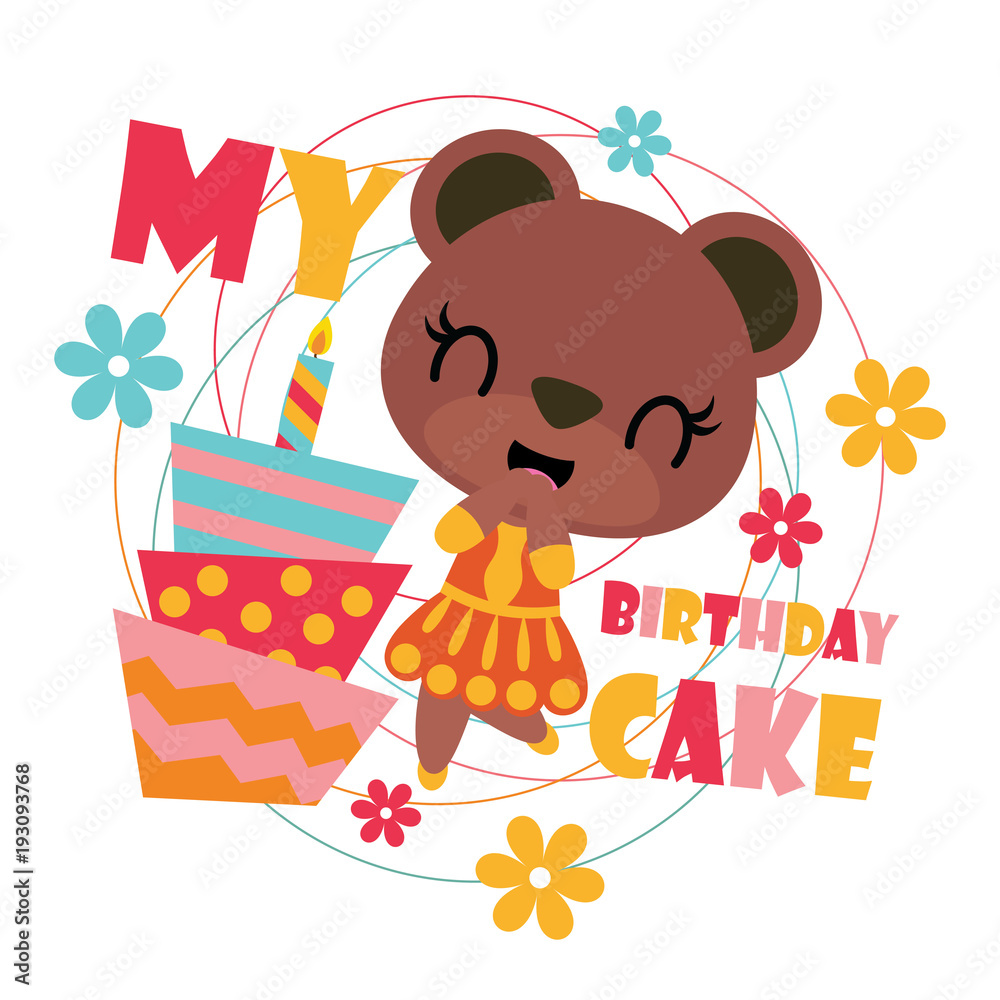 Fototapeta premium Cute bear girl with birthday cake vector cartoon illustration for happy birthday card design, postcard, and wallpaper