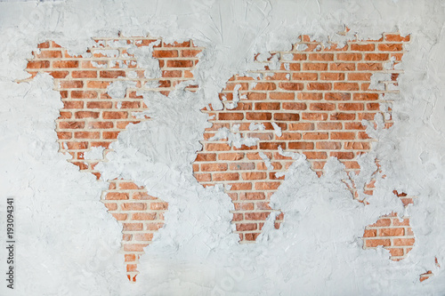 Naklejka na szafę Mapa świata z czerwonej cegły na murze