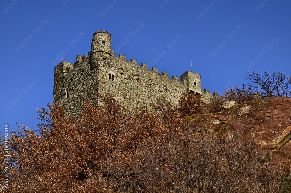 Ussel fraction of Chatillon, Valle d'Aosta, Italy 11 February 2018. Shot taken from the three quarters to the left of the castle. Ussel fraction of Chatillon, Valle d'Aosta, Italy 11 February 2018. Shot taken from the three quarters to the left of the castle.