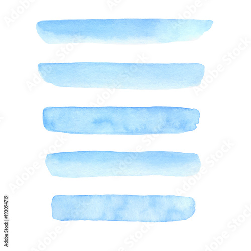 Set of hand painted blue vector watercolor brush stroke textures for your design. Isolated on the white background.