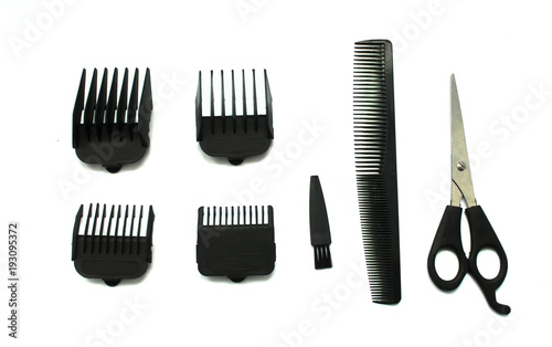 clippers, hair clippers and scissors, comb isolated on the white background 