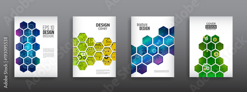 Abstract technology cover with hexagon elements. High tech brochure design concept. Futuristic business layout. Digital poster templates. photo