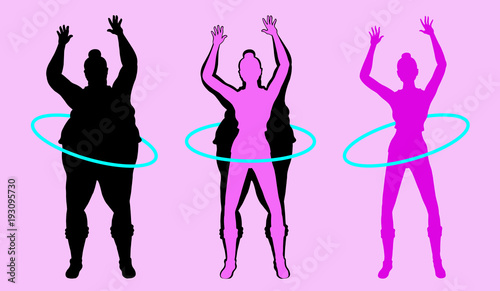 Fat and Slim Woman Silhouette Exercising with Hula Hoop