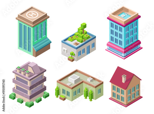 Fototapeta Naklejka Na Ścianę i Meble -  Isometric residential buildings and city houses vector illustration 3d architecture objects for construction design. Residential building, office or hotel residence towers isolated isometric icons set