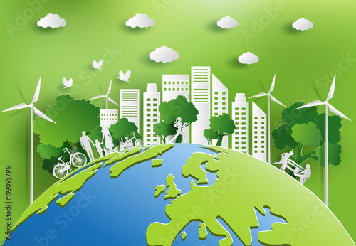 Paper art style of landscape with eco green city, people enjoy fresh air in the park, save the planet and energy concept, flat-style vector illustration.