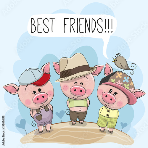 Three cute cartoon pigs and a bird