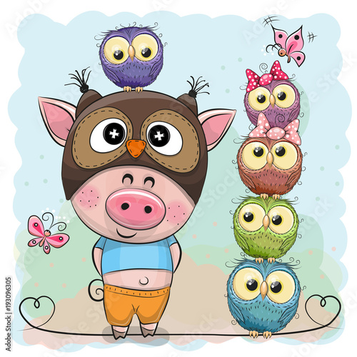 Cute Cartoon Pig and five Owls