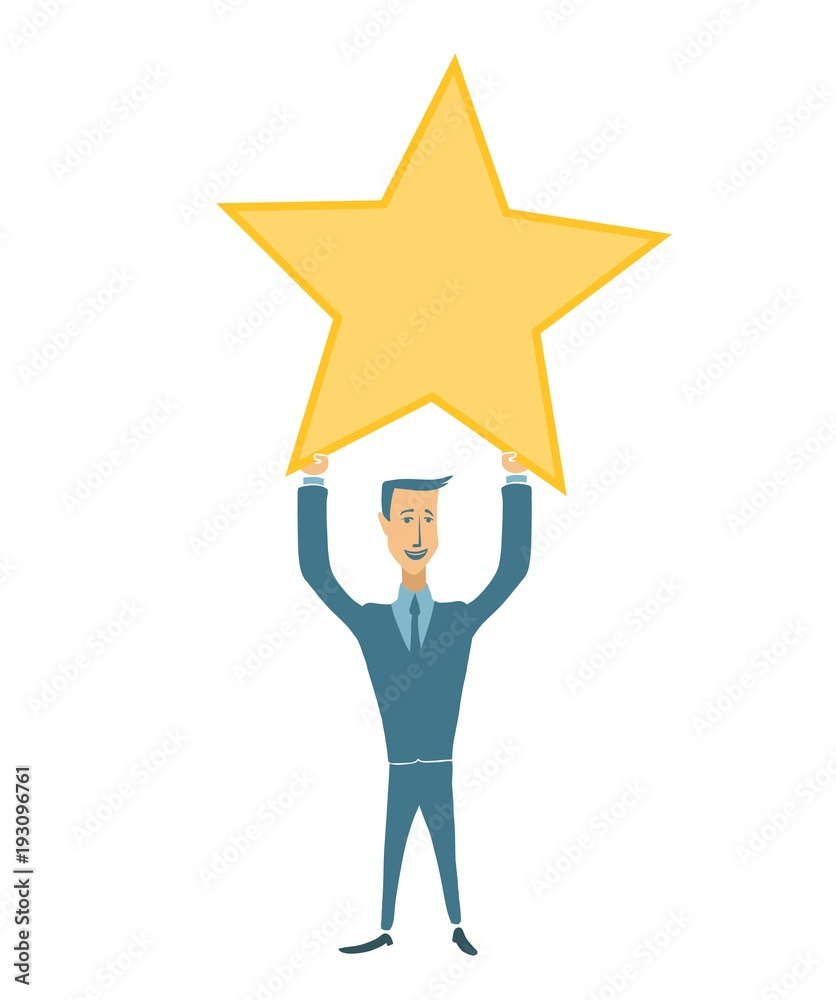 Happy businessman holding gold star. Victory, rating symbol. Vector illustration in flat style, isolated on white background. Happy businessman holding gold star. Victory, rating symbol. Vector illustration in flat style, isolated on white background.