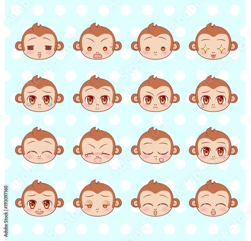 Emoticons, emoji, smiley set, colorful Sweet Little cute kawaii anime cartoon monkey different emotions mascot sticker Happy, sad, angry, smile, kiss, love Children character colorful vector. 
