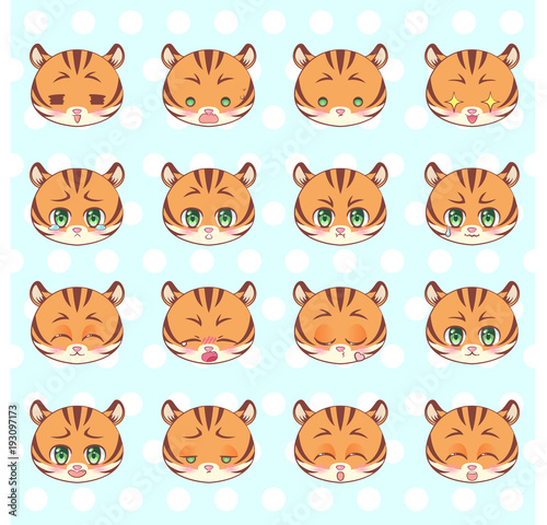 Emoticons  emoji  smiley set  colorful Sweet Kitty Little cute kawaii anime cartoon tiger different emotions mascot sticker Happy  sad  angry  smile  kiss  love Children character colorful vector. 