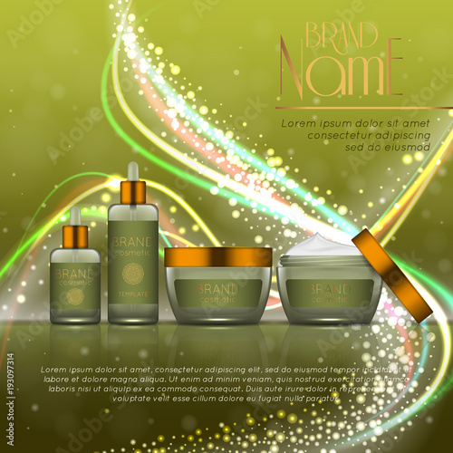3D realistic cosmetic bottle ads template. Cosmetic brand advertising concept design with glitters and bokeh background
