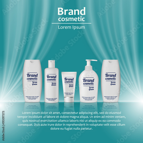 3D realistic cosmetic bottle ads template. Cosmetic brand advertising concept design with wavy light abstract background