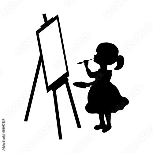 Silhouette girl artist paints on canvas