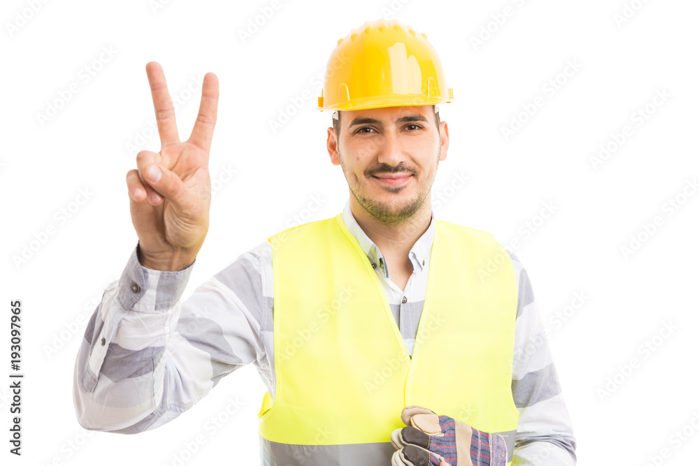 Constructor or builder showing victory gesture. Constructor or builder showing victory gesture.