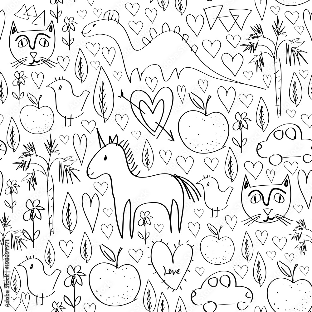 Fototapeta premium Girls birthday pink seamless pattern with animals and hearts black outline isolated on white background for site, blog, coloring book, fabric. Vector