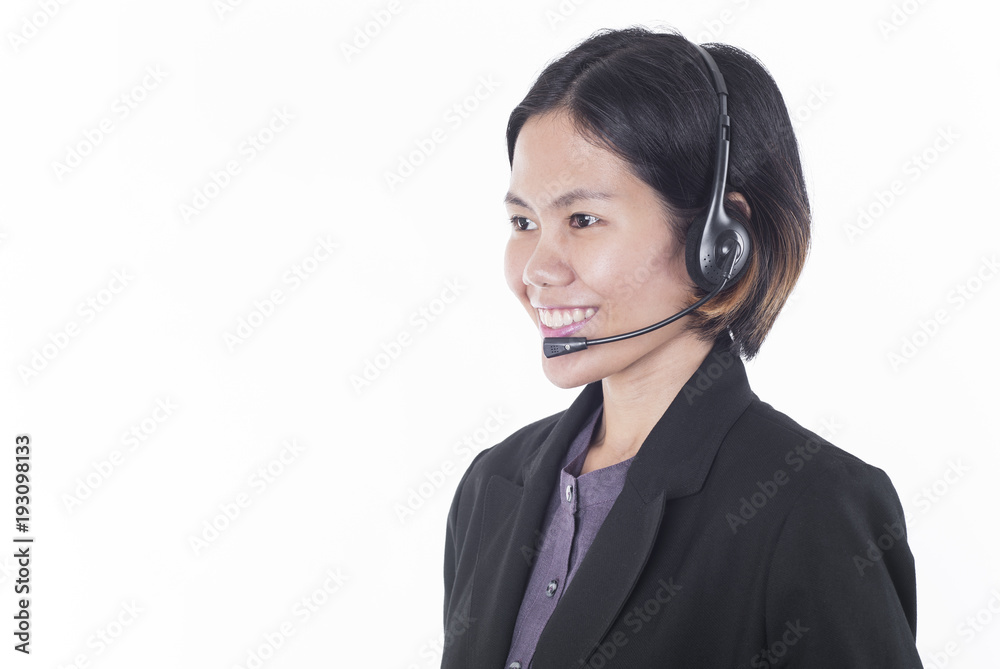 Asia women happy smiling customer support operator with headset isolated on white background. Asia women happy smiling customer support operator with headset isolated on white background.
