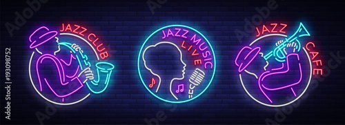 Jazz music collection of logos in neon style. Set of neon sign symbols, emblem, light banner, luminous sign. Bright Neon Advertising for Jazz Club, Cafe, Restaurant, Bar, Party. Vector illustration