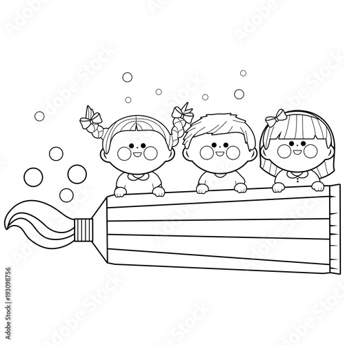 Children holding a big toothpaste. Vector black and white coloring page