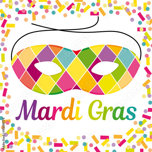 Mardi gras. Illustration vectorielle de Carnaval avec un masque d'Arlequin. Cadre en confetti.
