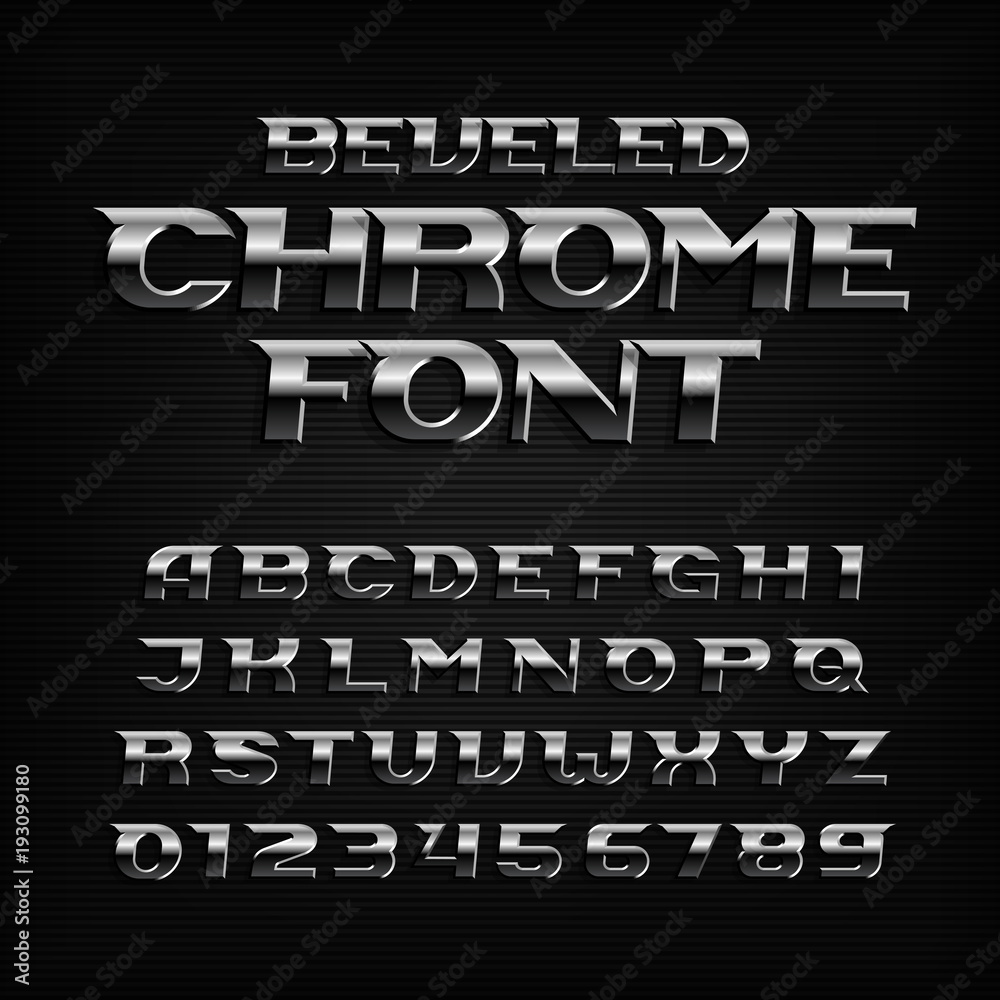 Chrome effect alphabet font. Steel oblique letters and numbers. Stock vector typography for your design.
