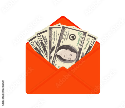 USA banking currency in open red envelope. 