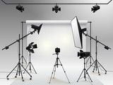 Photography studio vector. Photo studio white blank background with soft box light, camera, tripod and backdrop. Vector illustration. Isolated on white background