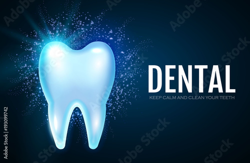 Shining Helthy Tooth with Lights. Stomatology Design Template. Dental Health Concept. Oral Care.