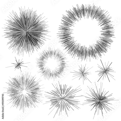 Set of black and white fireworks radiating from the center of thin beams, lines. Abstract explosion, speed motion lines from the middle, radiating sharp. Vector illustration. Isolated on background