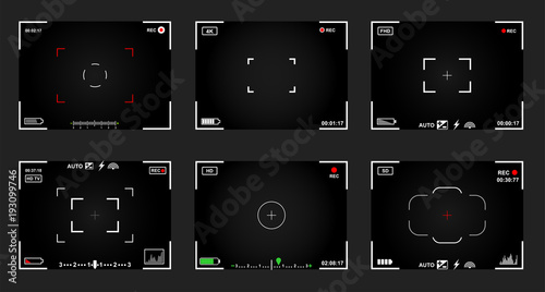Set of black and white slr digital camera viewfinder. Record video snapshot photography. Camera back and focus frames view. Modern focusing screen. Vector illustration. Isolated on gray background
