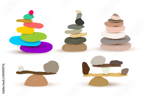 Foto Set of harmony and balance, colorful stone cairn pebbles