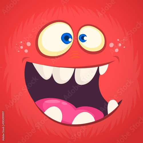 Cool cartoon monster face avatar. Vector Halloween excited  monster devil with big mouth full of teeth. 