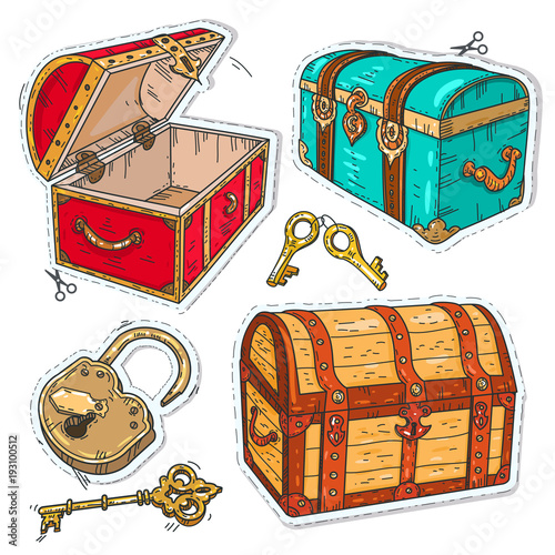 colorful sticker, set old pirate chests with lock and keys