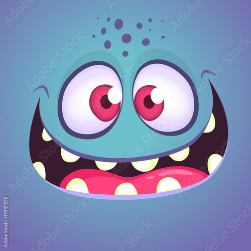 Funny cartoon monster face. Vector Halloween blue  monster with wide mouth smiling.