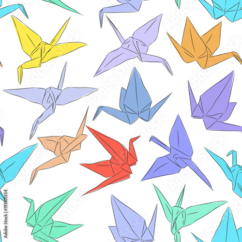 Japanese Origami paper cranes symbol of happiness, luck and longevity, sketch seamless pattern. purple blue yellow orange red brown green line on white background. Vector