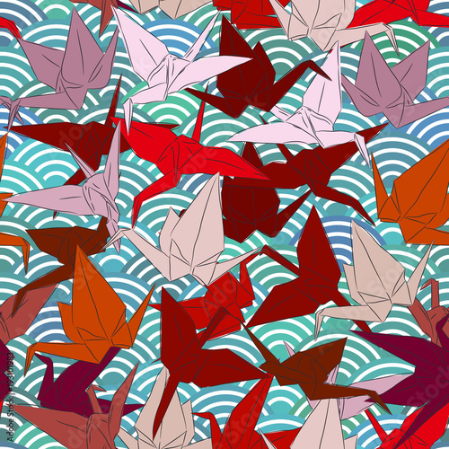 Origami white paper cranes set sketch seamless pattern. line Nature oriental background with japanese wave circle pattern burgundy maroon pink brown colors on green blue background. Vector