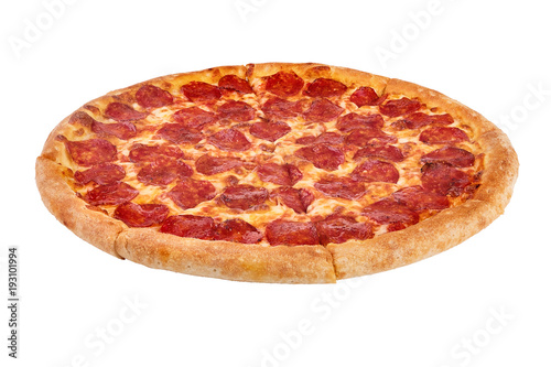 Whole baked pizza isolated on white background