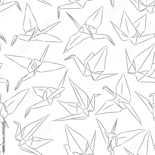 Japanese Origami white paper cranes set sketch seamless pattern, symbol of happiness, luck and longevity, black line contour on white background. Vector