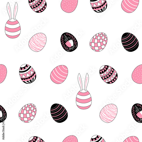 Hand drawn seamless vector pattern with different Easter eggs, on a white background. Design concept for Easter celebration, kids textile print, wallpaper, wrapping paper.