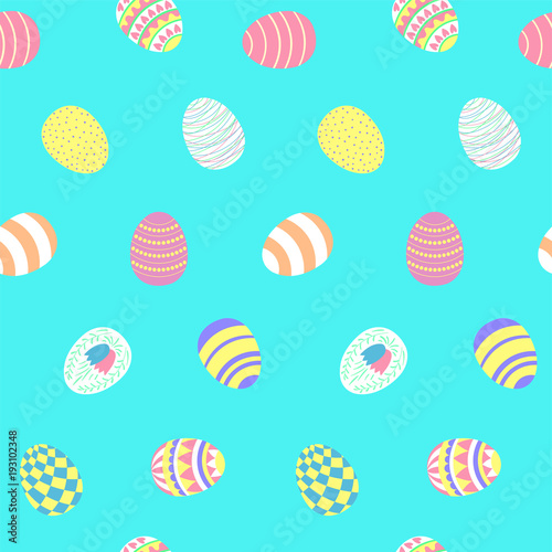 Hand drawn seamless vector pattern with different Easter eggs, on a blue background. Design concept for Easter celebration, kids textile print, wallpaper, wrapping paper.