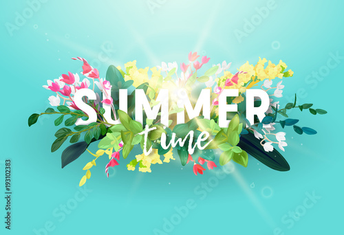 White volumetric inscription on the background of a composition of flowers, branches and leaves of green plants. A summer design of a poster or banner with sun rays. Vector illustration.