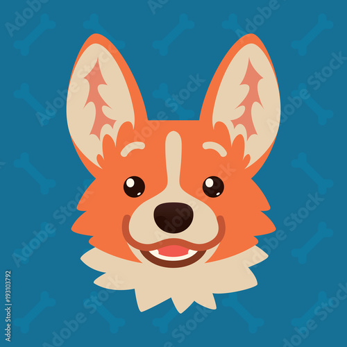 Corgi dog emotional head. Vector illustration of cute dog in flat style shows happy emotion. Dreamer emoji. Smiley icon. Chat, communication, print, sticker. Isolated object on blue background. Hope