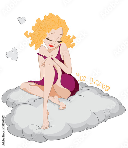 Lovely blonde girl on a cloud Vector. In love concept cartoon character