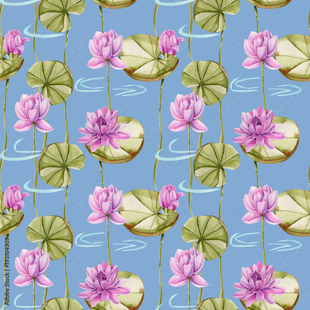 Watercolor pink lotus seamless pattern, hand painted on a blue background