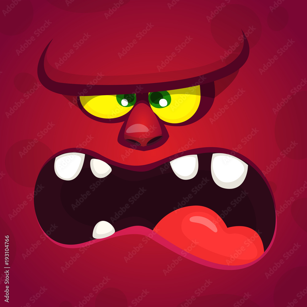 Angry cartoon monster face. Vector Halloween red monster illustration