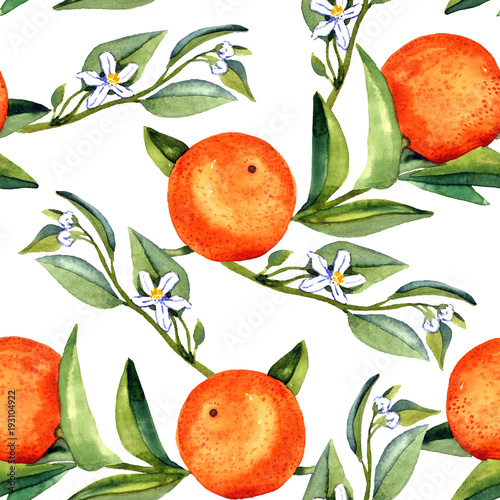 Orange branches with fruits and white flowers, seamless pattern design, hand painted watercolor illustration, white background
