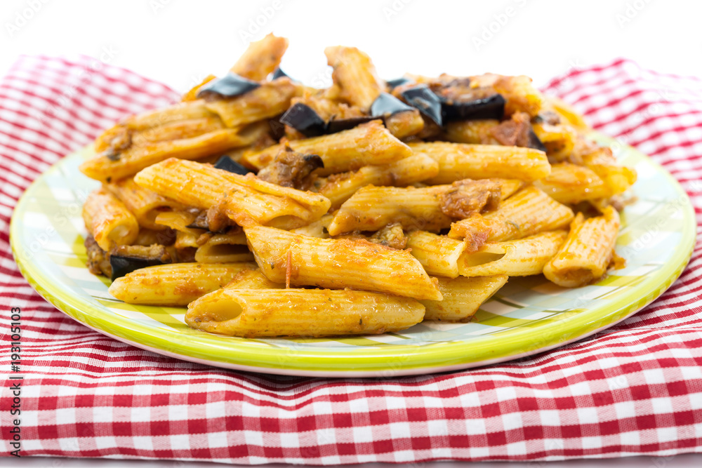 Spaghetti with aubergine and tomato sauce on a the table Spaghetti with aubergine and tomato sauce on a the table