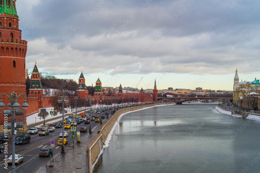 Sunset over the Moscow Kremlin and river in Russia