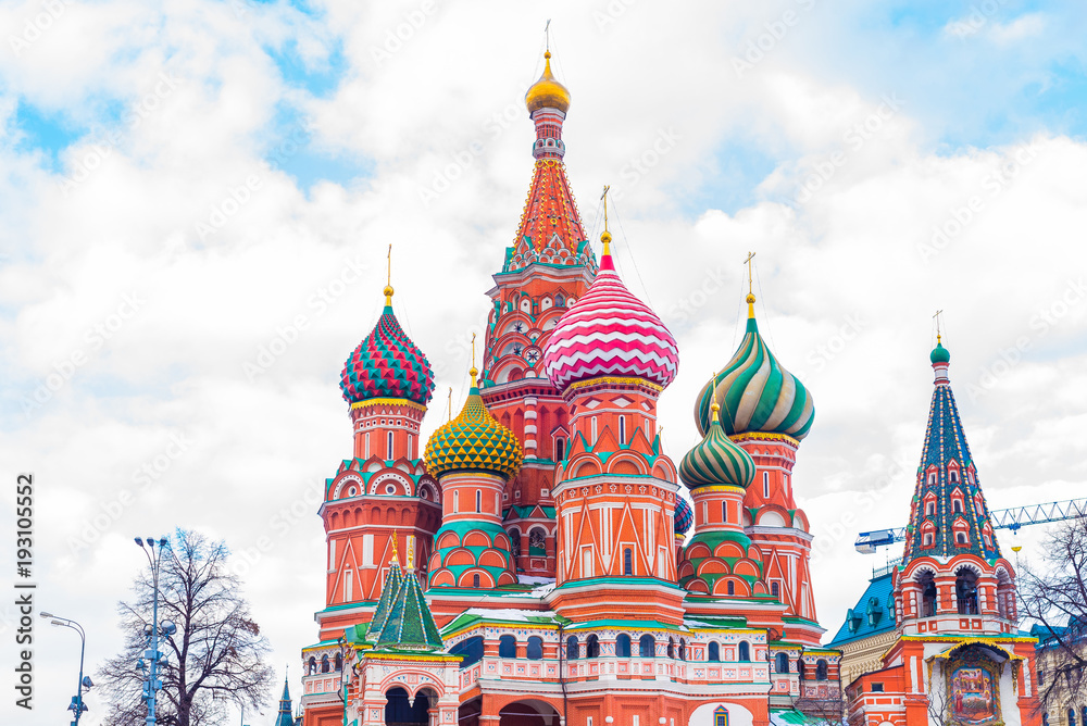 Saint Basil's Cathedral in Red Square in winter at sunset, Moscow, Russia.