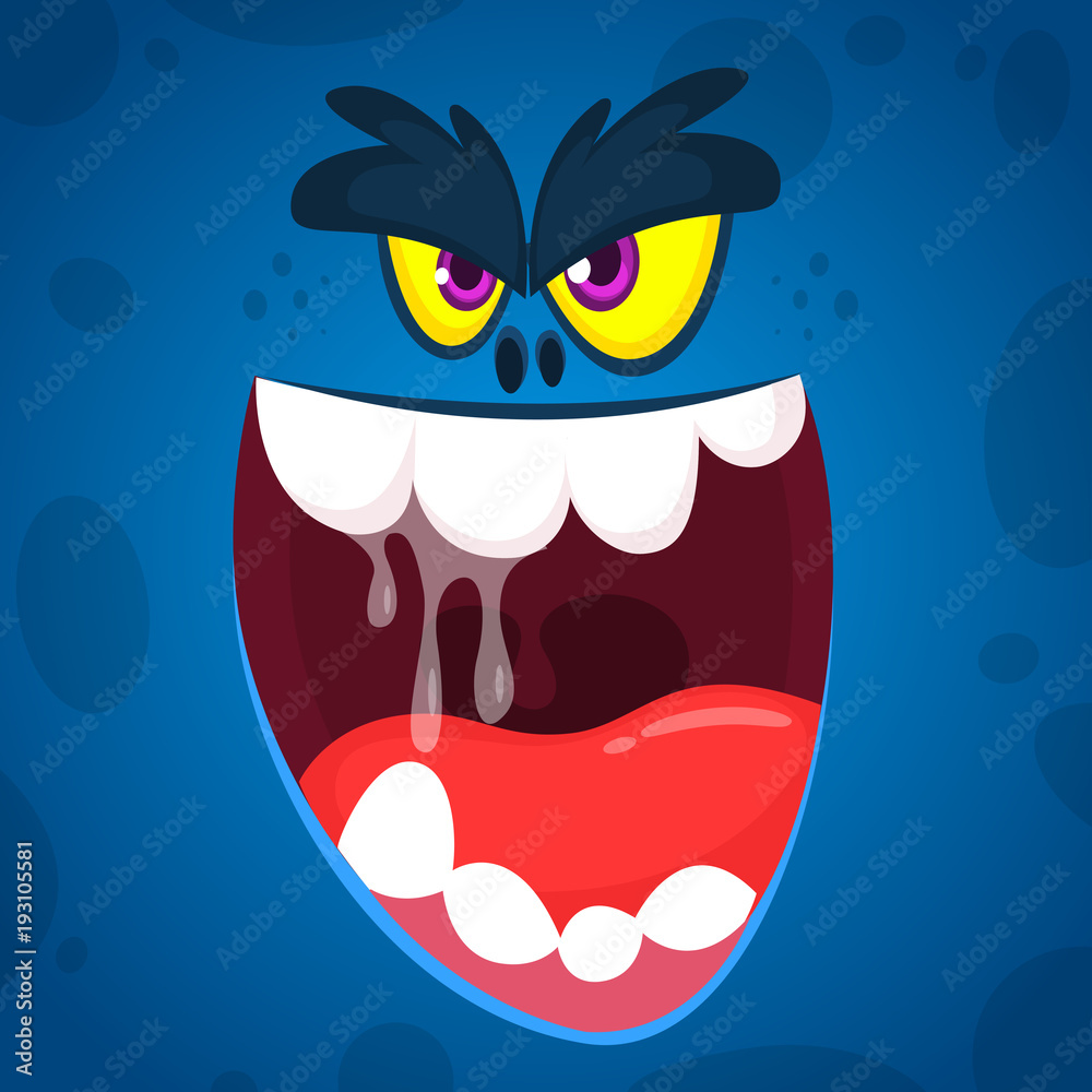 Angry  cartoon monster face illustration. Vector Halloween blue zombie monster. Big set of cartoon monster faces