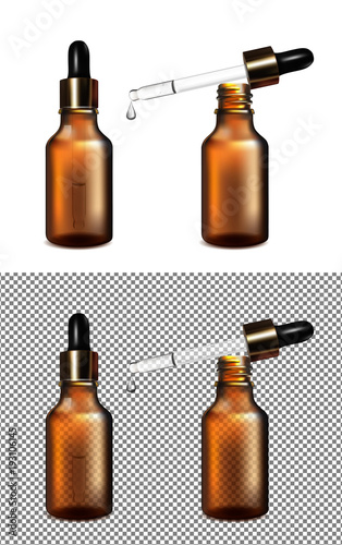 Brown glass transparent bottle. Gold cap with dropper
